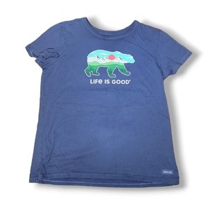 Life Is Good Crusher T-Shirt Bear Moutian Sun Blue Tee Size Large Women's
